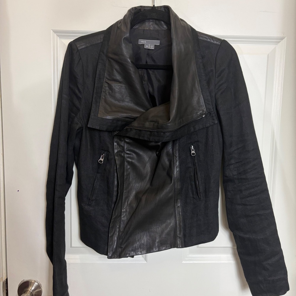 Vince Black Linen Leather Trim Asymmetrical Moto Jacket M